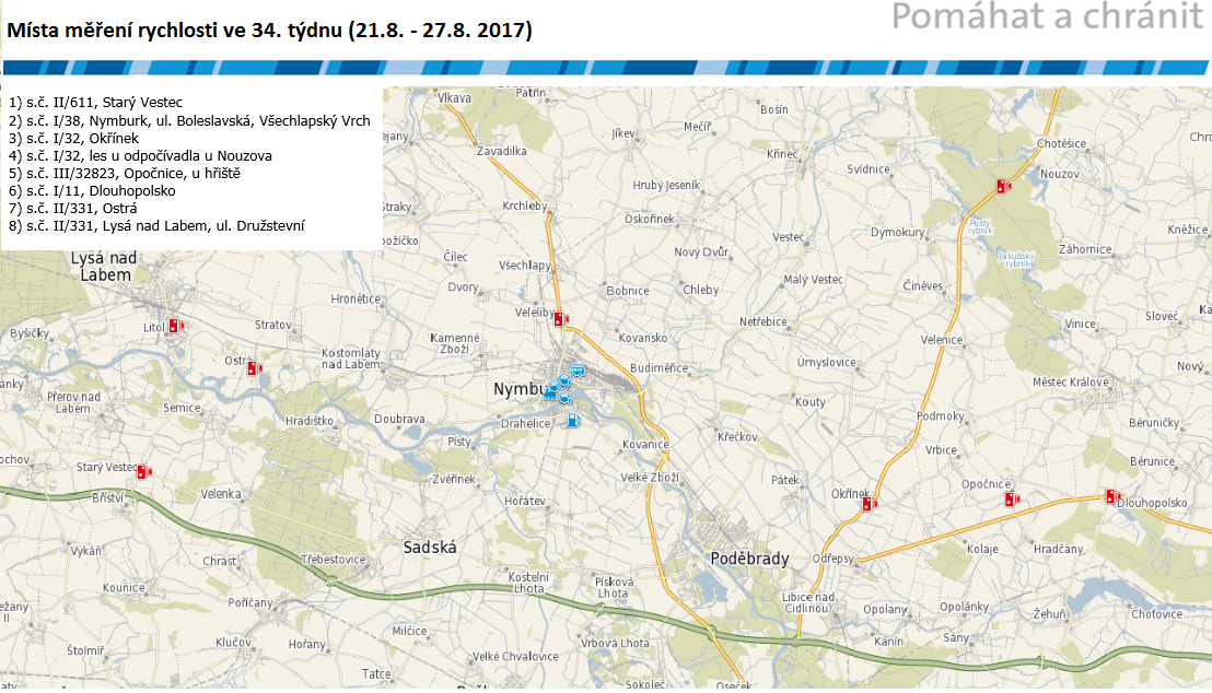 Mapa míst měření rychlosti na 34. týden